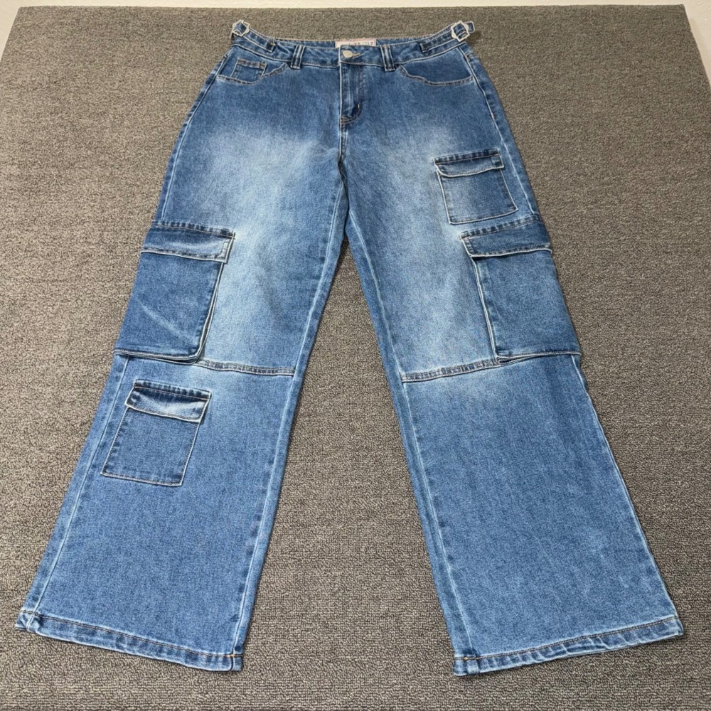 Love Cult Denim Cargo Jeans Blue Wide Leg High Rise Y2K Streetwear Womens 9